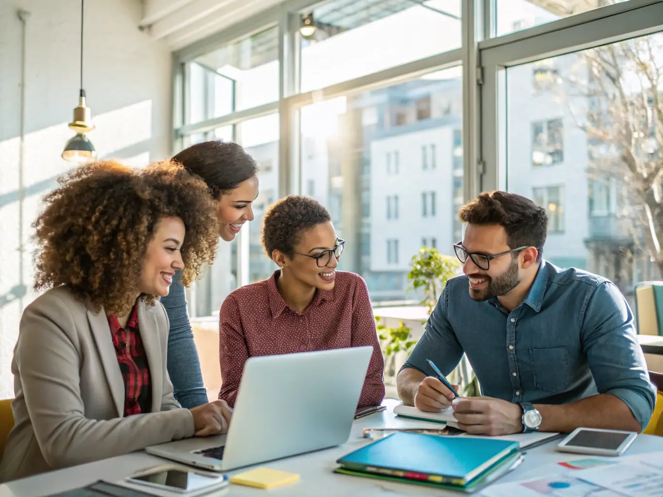 A group of diverse professionals working collaboratively in a bright and modern office space. They are engaged in a discussion, with laptops and documents spread across the table, symbolizing teamwork and innovation.