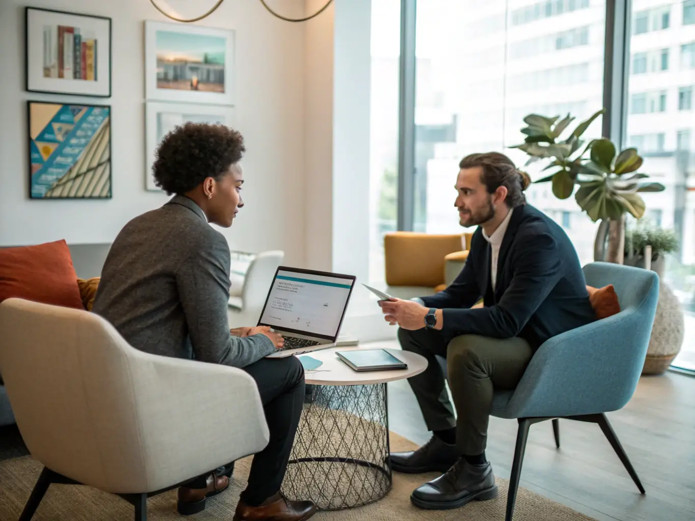 A professional recruiter is interviewing a candidate in a modern office setting, with a world map in the background, symbolizing international recruitment.