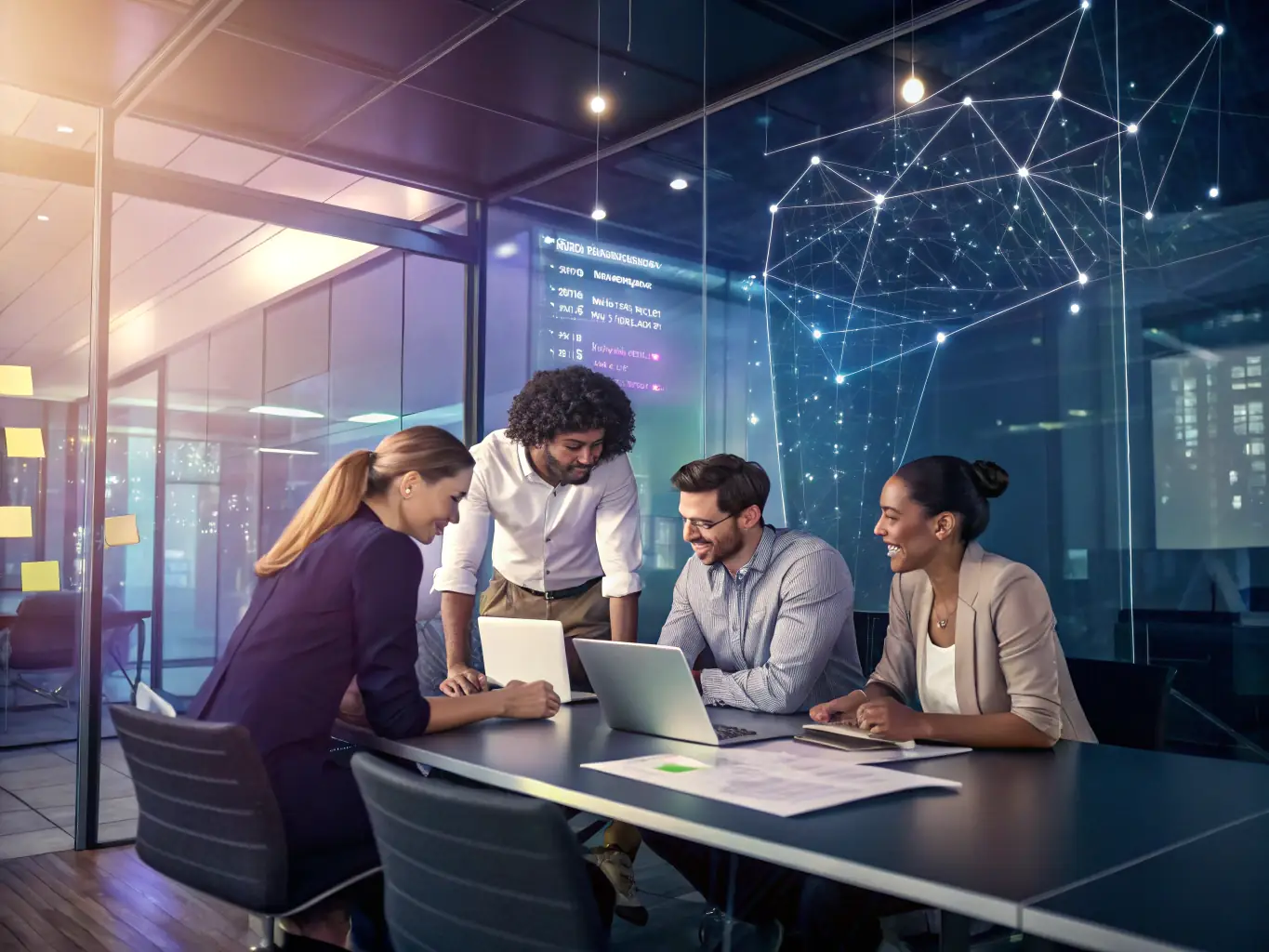 A diverse team of professionals collaborating in a bright, open-plan office, representing the various business sectors RecruTalent serves.